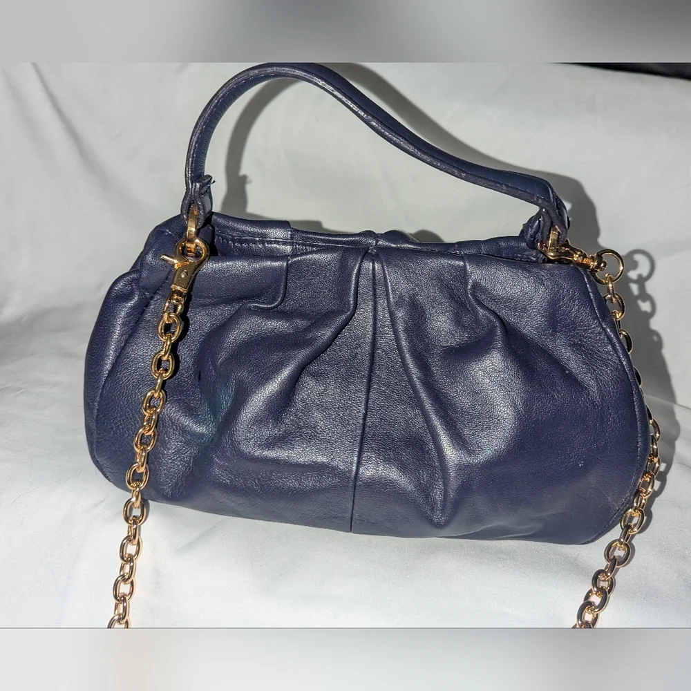 Alfani Navy Leather Ruched Y2K Shoulder Bag with Tassel And Gold Chain Accent